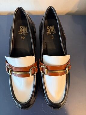 SM New York Black, White & Brown Brass Bit Slip-On Loafers
